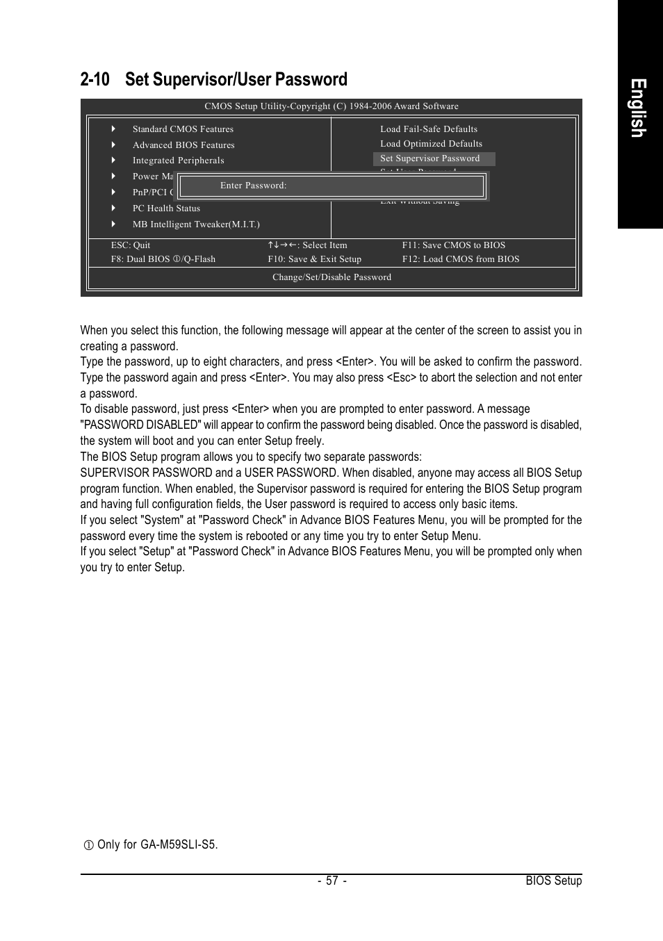 English, 10 set supervisor/user password | GIGABYTE AMD Socket AM2 Processor Motherboard GA-M59SLI-S5 User Manual | Page 57 / 120