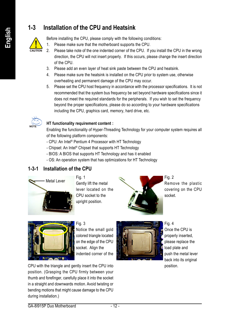 English, 3 installation of the cpu and heatsink | GIGABYTE GA-8I915P DUO User Manual | Page 12 / 80