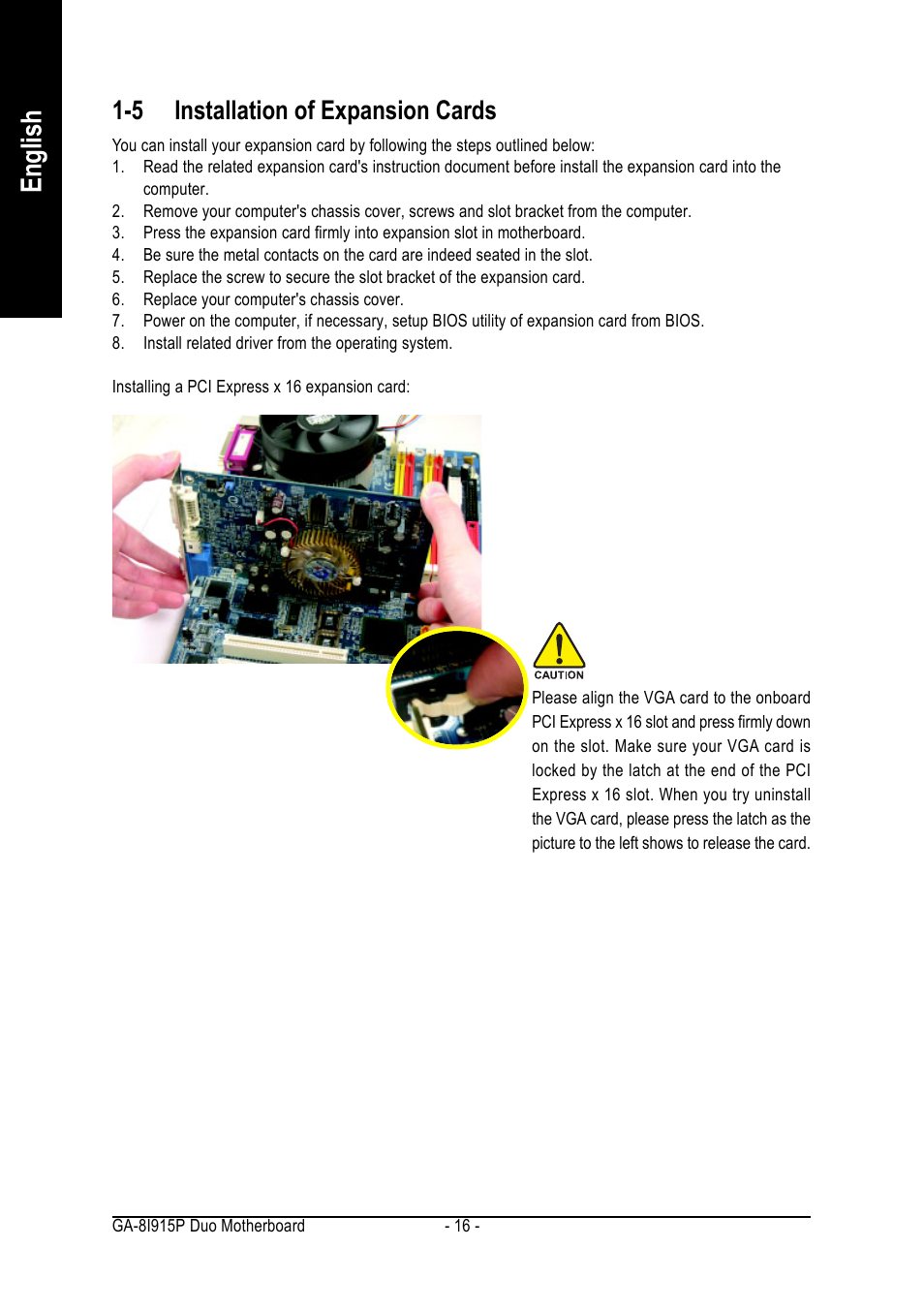 English, 5 installation of expansion cards | GIGABYTE GA-8I915P DUO User Manual | Page 16 / 80