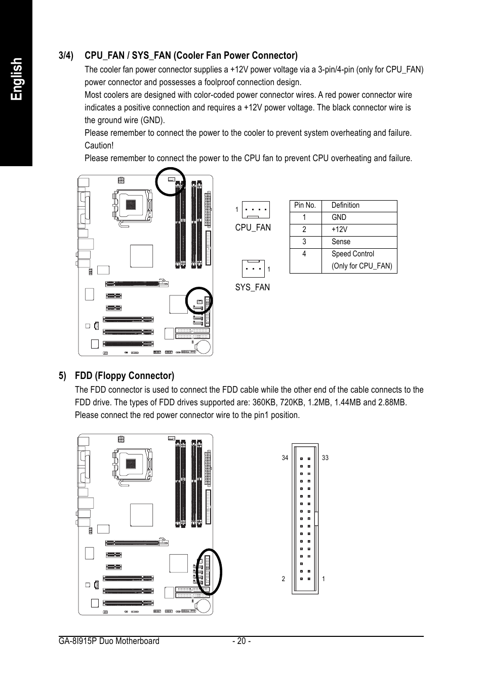 English, 5) fdd (floppy connector) | GIGABYTE GA-8I915P DUO User Manual | Page 20 / 80