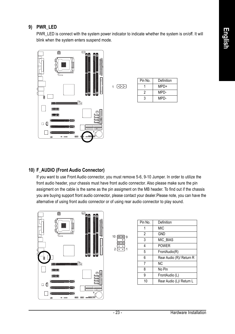 English, 10) f_audio (front audio connector), 9) pwr_led | GIGABYTE GA-8I915P DUO User Manual | Page 23 / 80