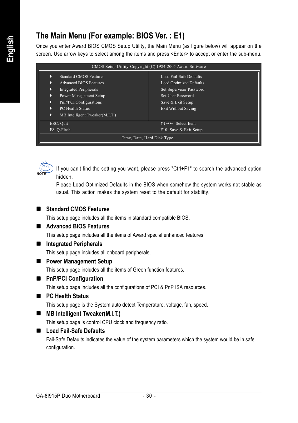 English, The main menu (for example: bios ver. : e1) | GIGABYTE GA-8I915P DUO User Manual | Page 30 / 80