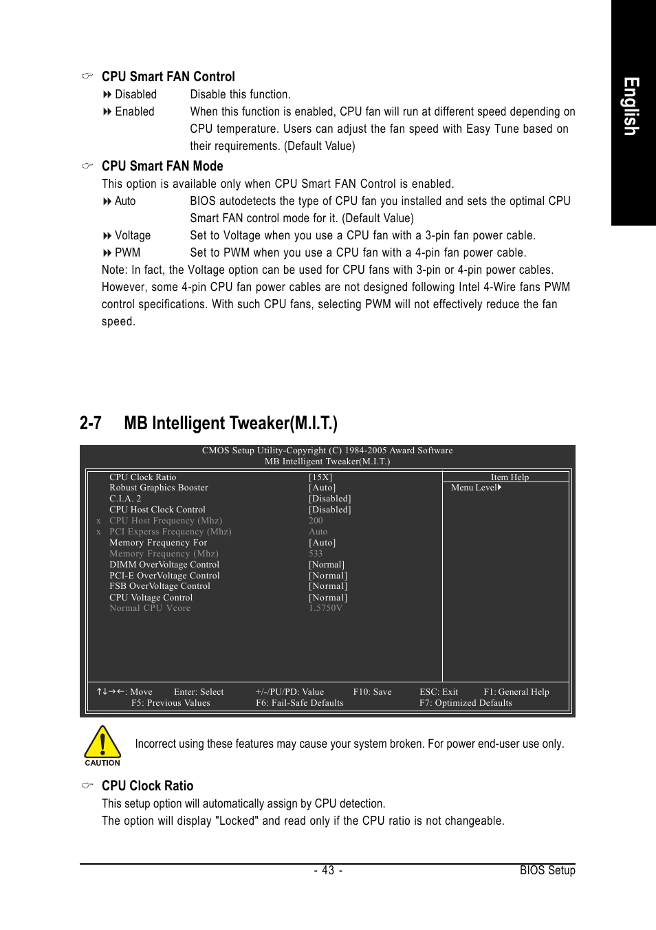 English, 7 mb intelligent tweaker(m.i.t.), Cpu smart fan control | Cpu smart fan mode, Cpu clock ratio | GIGABYTE GA-8I915P DUO User Manual | Page 43 / 80