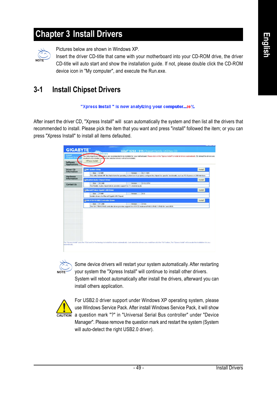 Chapter 3 install drivers, English, 1 install chipset drivers | GIGABYTE GA-8I915P DUO User Manual | Page 49 / 80