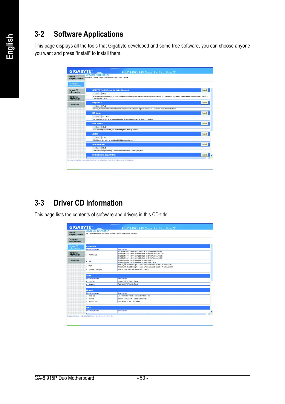 English, 2 software applications, 3 driver cd information | GIGABYTE GA-8I915P DUO User Manual | Page 50 / 80