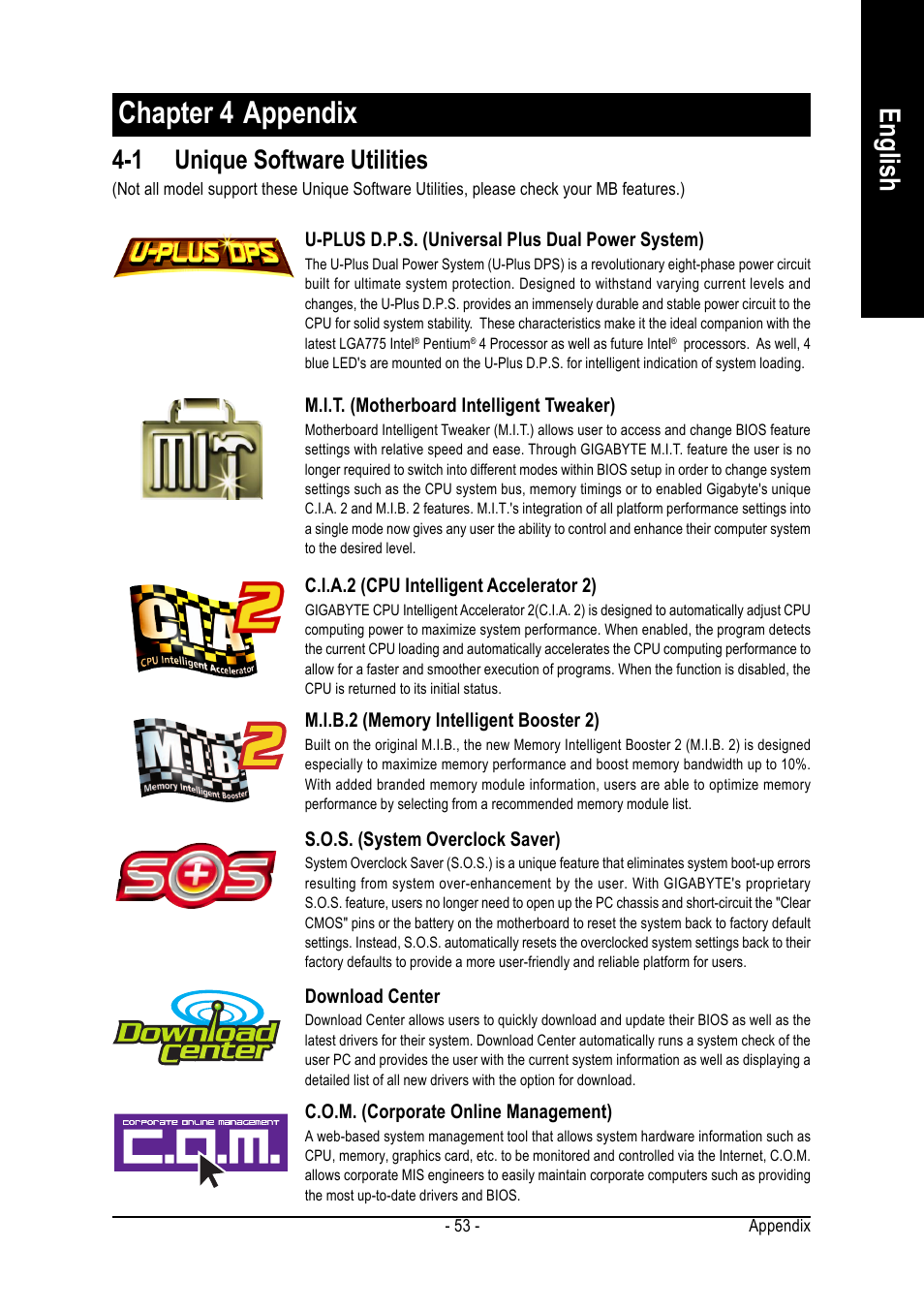 Chapter 4 appendix, English, 1 unique software utilities | GIGABYTE GA-8I915P DUO User Manual | Page 53 / 80
