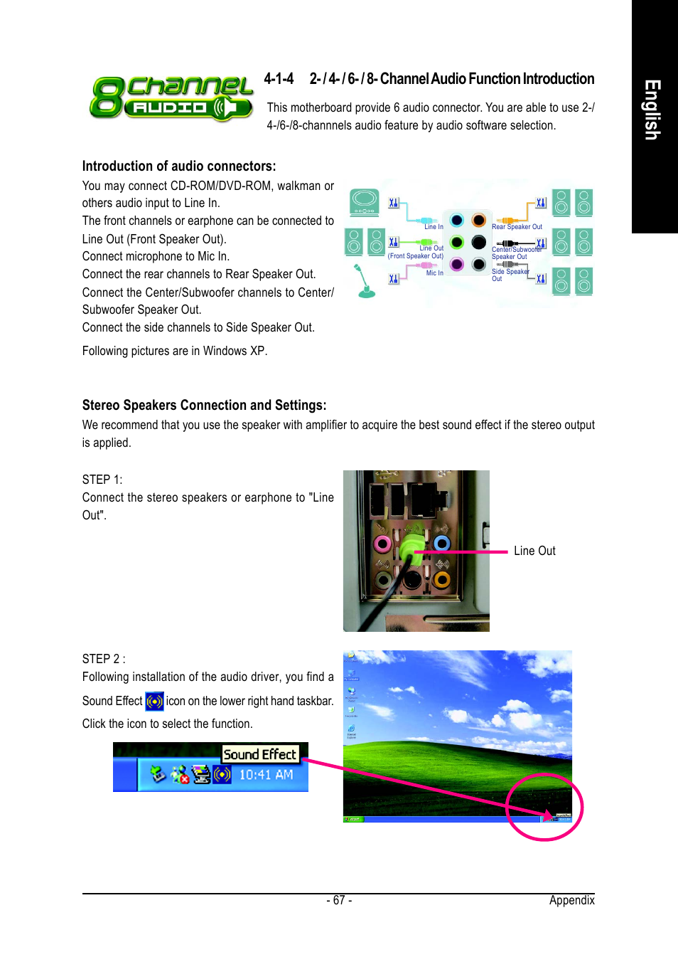 English, Stereo speakers connection and settings, Introduction of audio connectors | GIGABYTE GA-8I915P DUO User Manual | Page 67 / 80