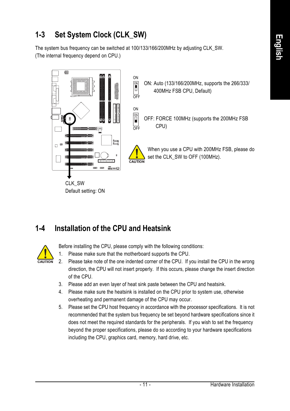 English, 4 installation of the cpu and heatsink, 3 set system clock (clk_sw) | GIGABYTE Processor Motherboard GA-7N400S-L User Manual | Page 11 / 80