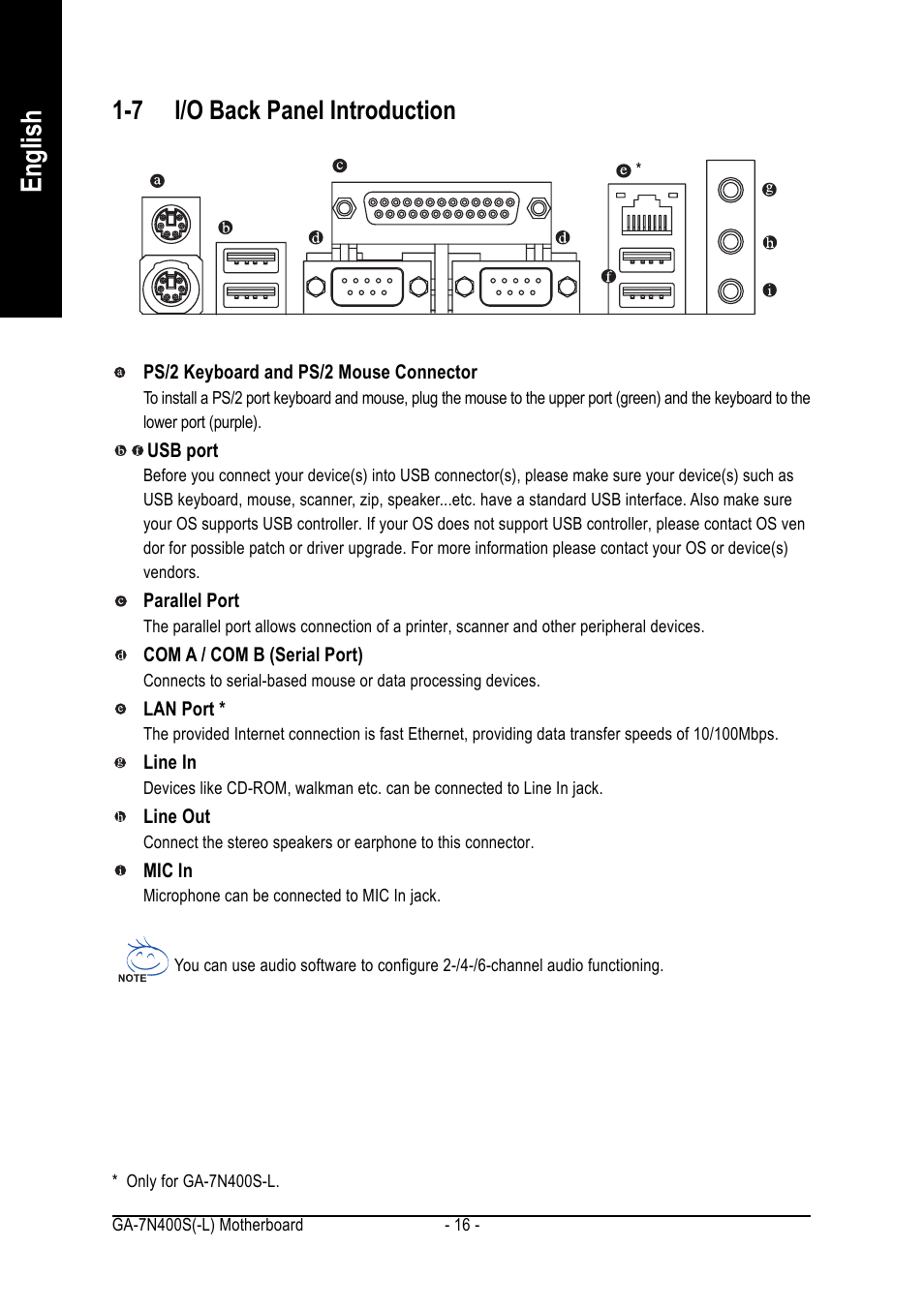 English, 7 i/o back panel introduction | GIGABYTE Processor Motherboard GA-7N400S-L User Manual | Page 16 / 80