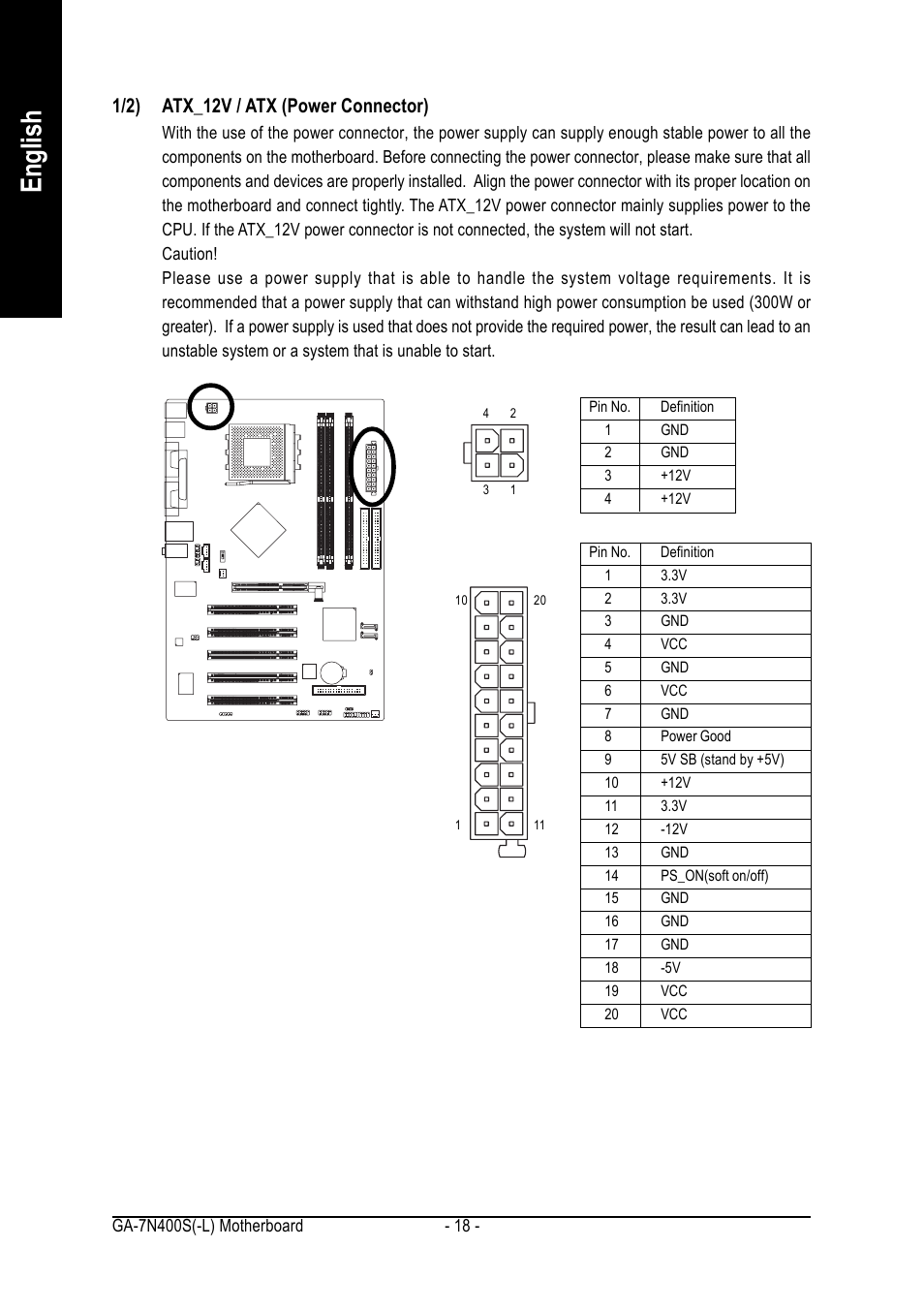 English, 1/2) atx_12v / atx (power connector) | GIGABYTE Processor Motherboard GA-7N400S-L User Manual | Page 18 / 80