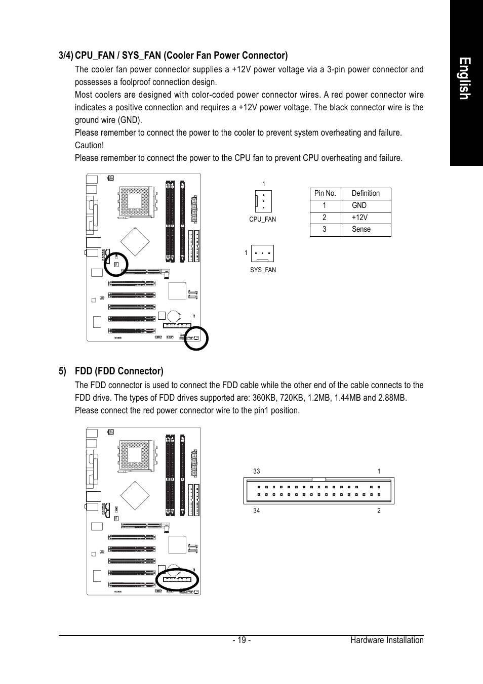 English, 5) fdd (fdd connector) | GIGABYTE Processor Motherboard GA-7N400S-L User Manual | Page 19 / 80
