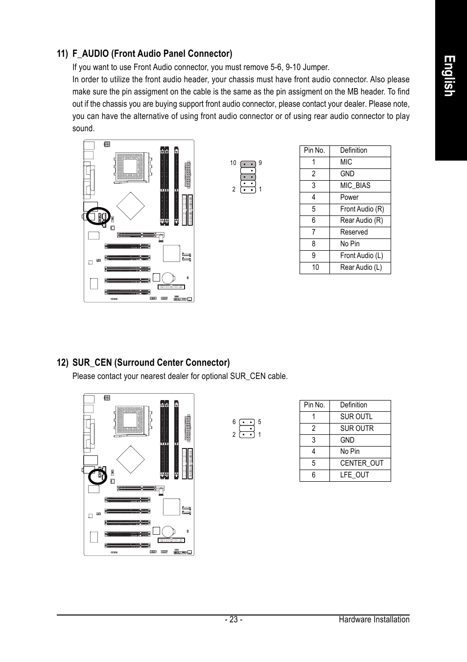 English, 11) f_audio (front audio panel connector), 12) sur_cen (surround center connector) | GIGABYTE Processor Motherboard GA-7N400S-L User Manual | Page 23 / 80