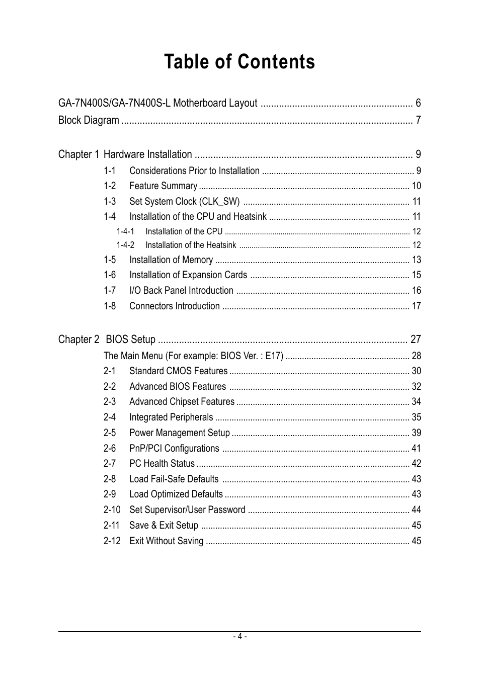 GIGABYTE Processor Motherboard GA-7N400S-L User Manual | Page 4 / 80