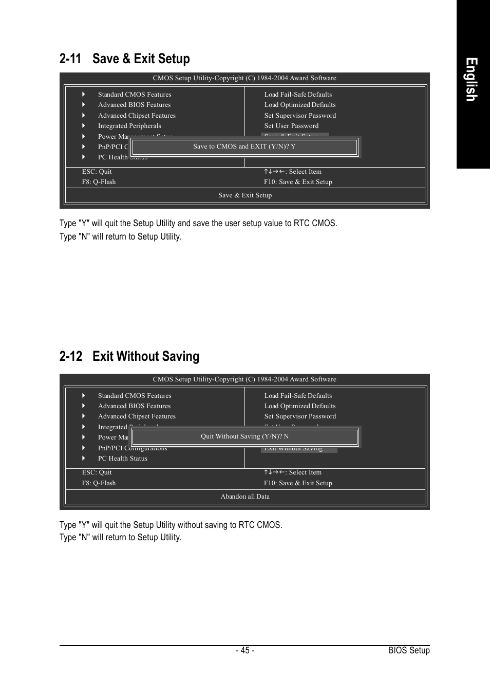 English, 11 save & exit setup, 12 exit without saving | Bios setup - 45 | GIGABYTE Processor Motherboard GA-7N400S-L User Manual | Page 45 / 80
