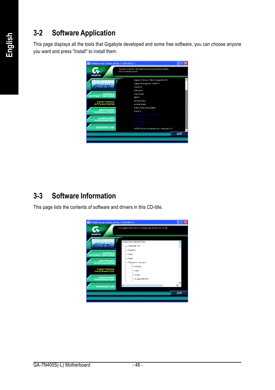 English, 2 software application, 3 software information | GIGABYTE Processor Motherboard GA-7N400S-L User Manual | Page 48 / 80