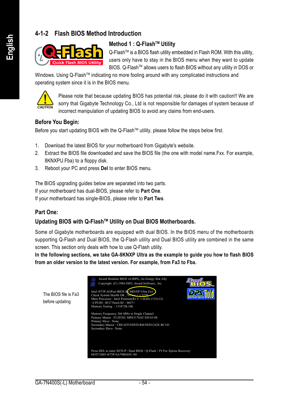English, 1-2 flash bios method introduction, Method 1 : q-flash | Utility, Before you begin, Part one: updating bios with q-flash, Utility on dual bios motherboards | GIGABYTE Processor Motherboard GA-7N400S-L User Manual | Page 54 / 80
