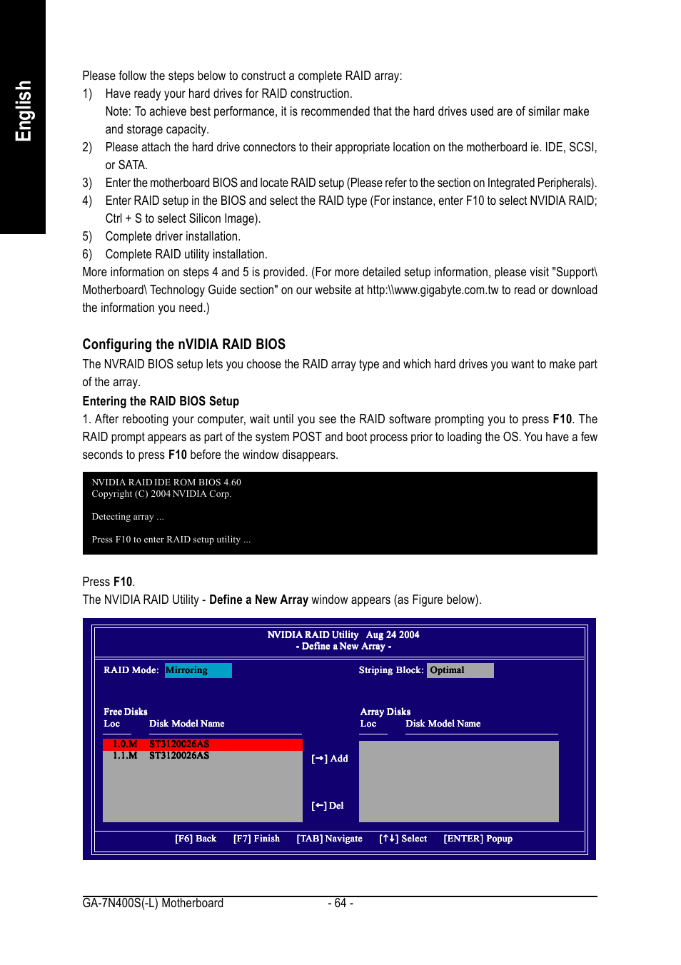 English, Configuring the nvidia raid bios | GIGABYTE Processor Motherboard GA-7N400S-L User Manual | Page 64 / 80