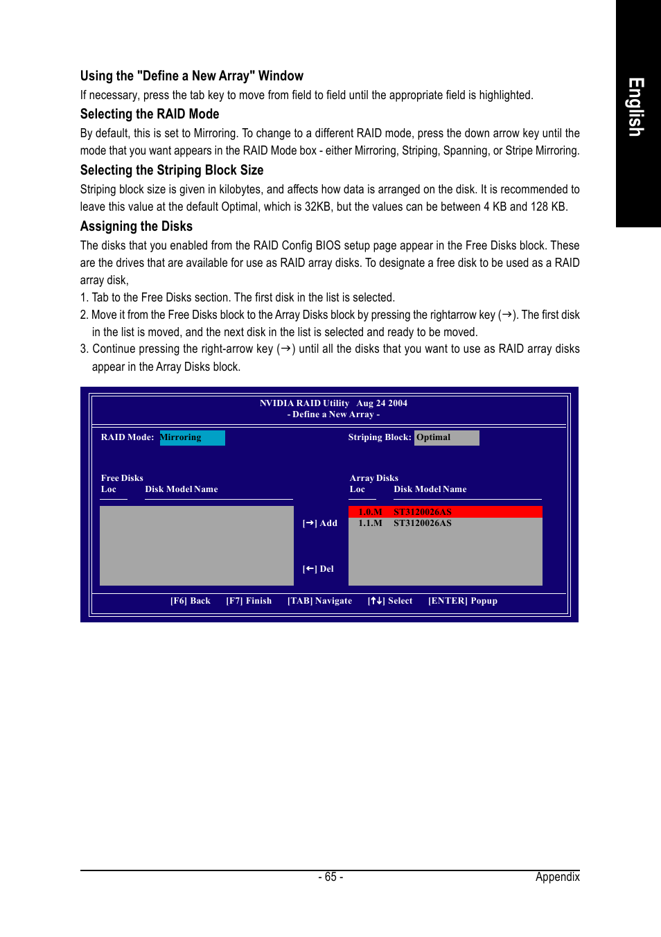 English, Using the "define a new array" window, Selecting the raid mode | Selecting the striping block size, Assigning the disks | GIGABYTE Processor Motherboard GA-7N400S-L User Manual | Page 65 / 80