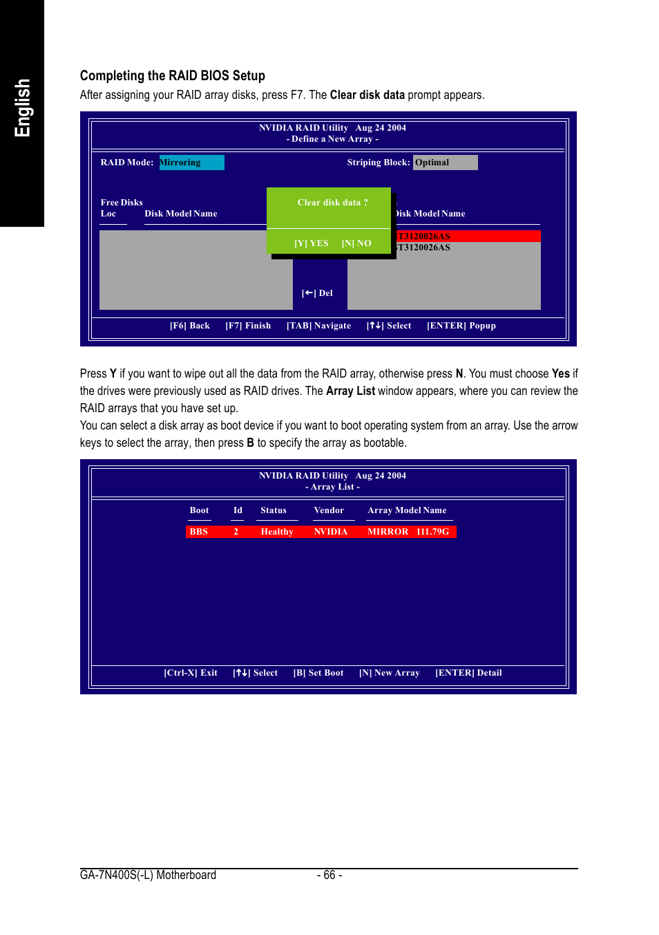 English, Completing the raid bios setup | GIGABYTE Processor Motherboard GA-7N400S-L User Manual | Page 66 / 80