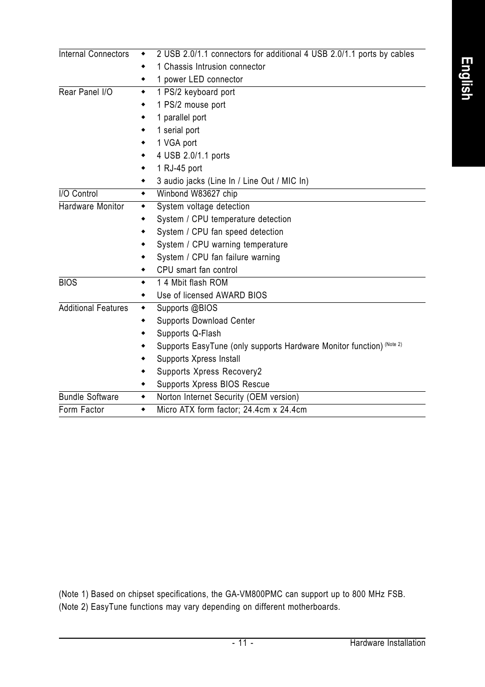 English | GIGABYTE GA-VM800PMC User Manual | Page 11 / 88