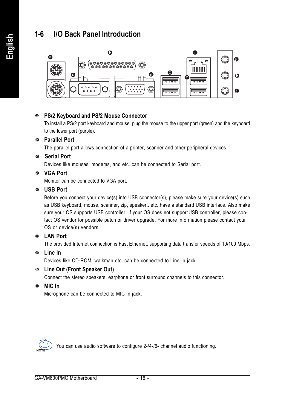 English, 6 i/o back panel introduction | GIGABYTE GA-VM800PMC User Manual | Page 16 / 88