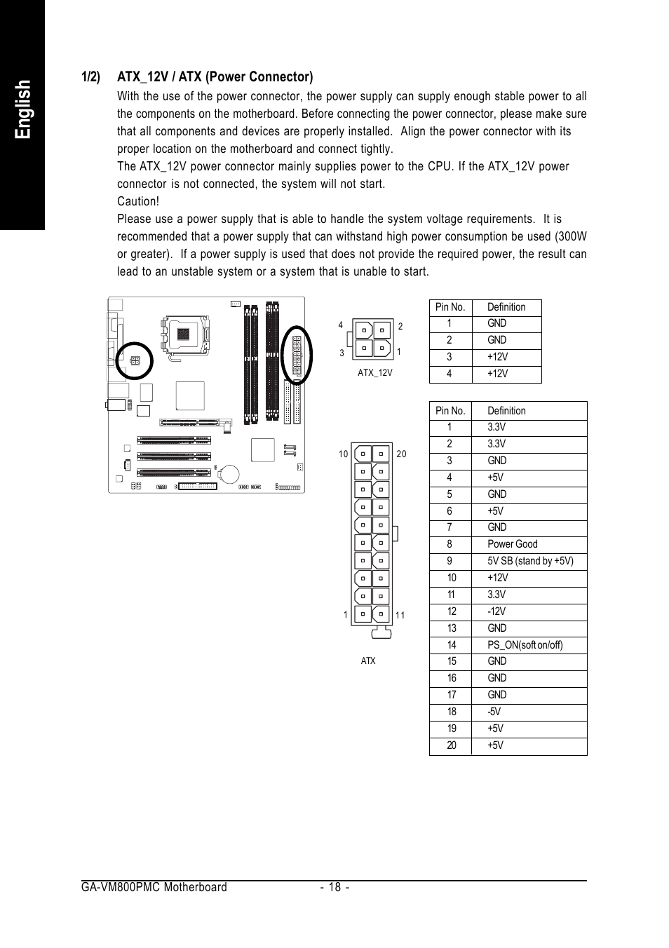 English, 1/2) atx_12v / atx (power connector) | GIGABYTE GA-VM800PMC User Manual | Page 18 / 88