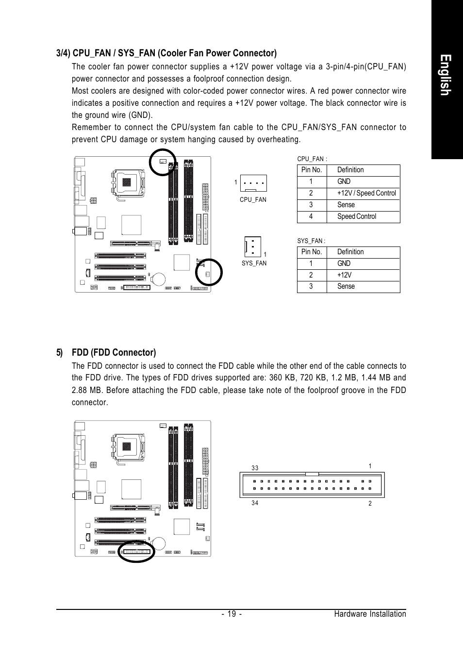 English, 5) fdd (fdd connector) | GIGABYTE GA-VM800PMC User Manual | Page 19 / 88