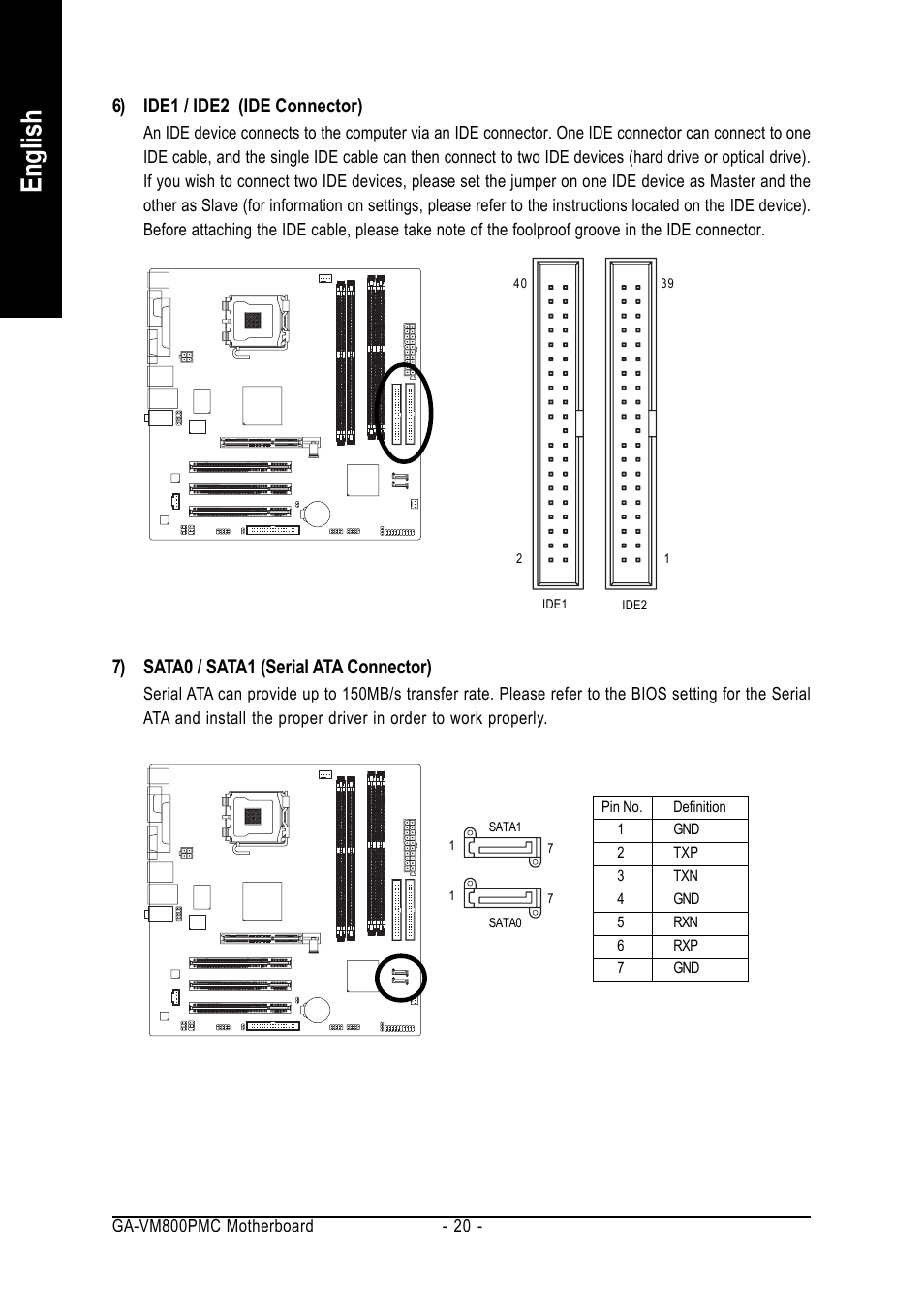 English, 6) ide1 / ide2 (ide connector), 7) sata0 / sata1 (serial ata connector) | GIGABYTE GA-VM800PMC User Manual | Page 20 / 88