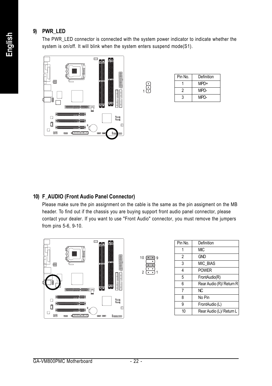 English, 10) f_audio (front audio panel connector), 9) pwr_led | GIGABYTE GA-VM800PMC User Manual | Page 22 / 88