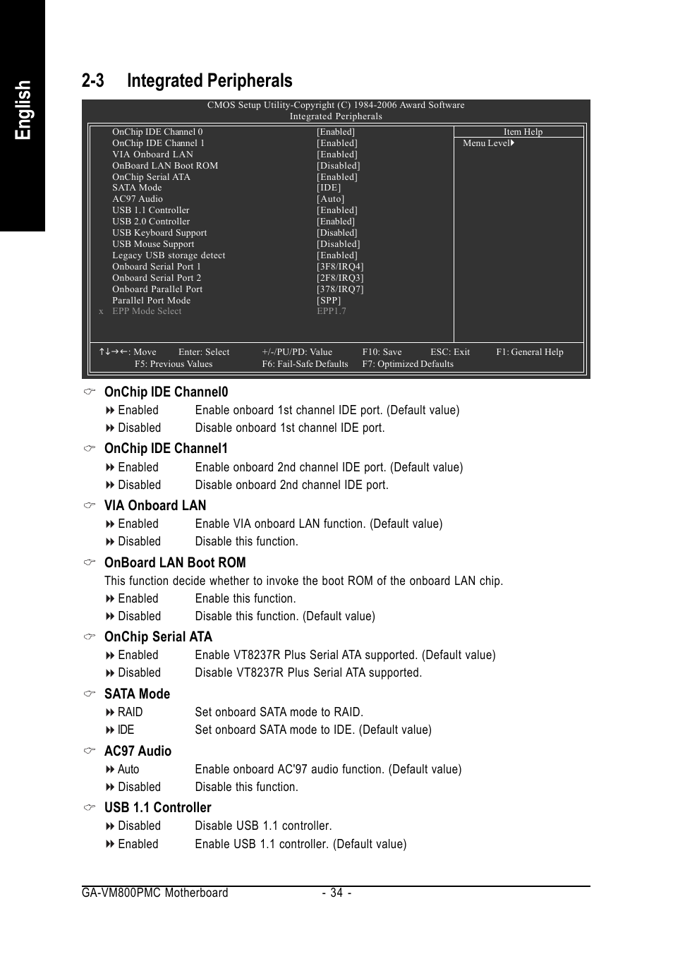 English, 3 integrated peripherals, Onchip ide channel0 | Onchip ide channel1, Via onboard lan, Onboard lan boot rom, Onchip serial ata, Sata mode, Ac97 audio, Usb 1.1 controller | GIGABYTE GA-VM800PMC User Manual | Page 34 / 88