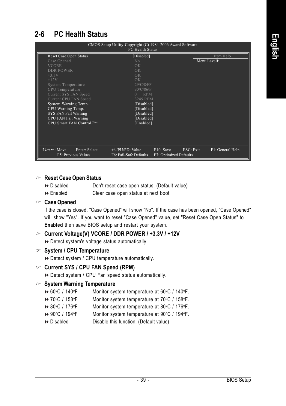 English, 6 pc health status, Reset case open status | Case opened, System / cpu temperature, Current sys / cpu fan speed (rpm), System warning temperature | GIGABYTE GA-VM800PMC User Manual | Page 39 / 88