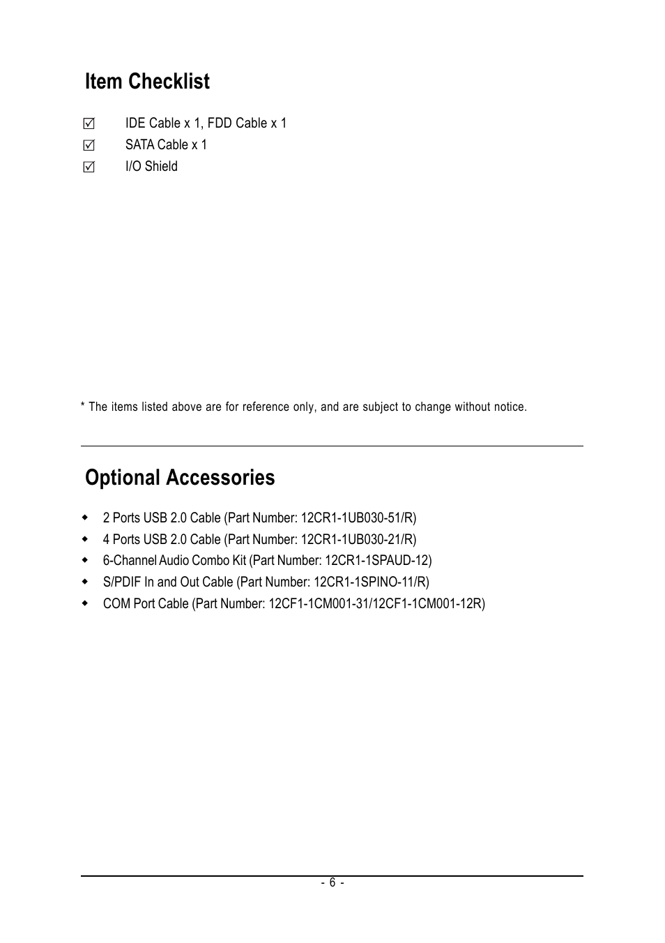 Item checklist, Optional accessories | GIGABYTE GA-VM800PMC User Manual | Page 6 / 88