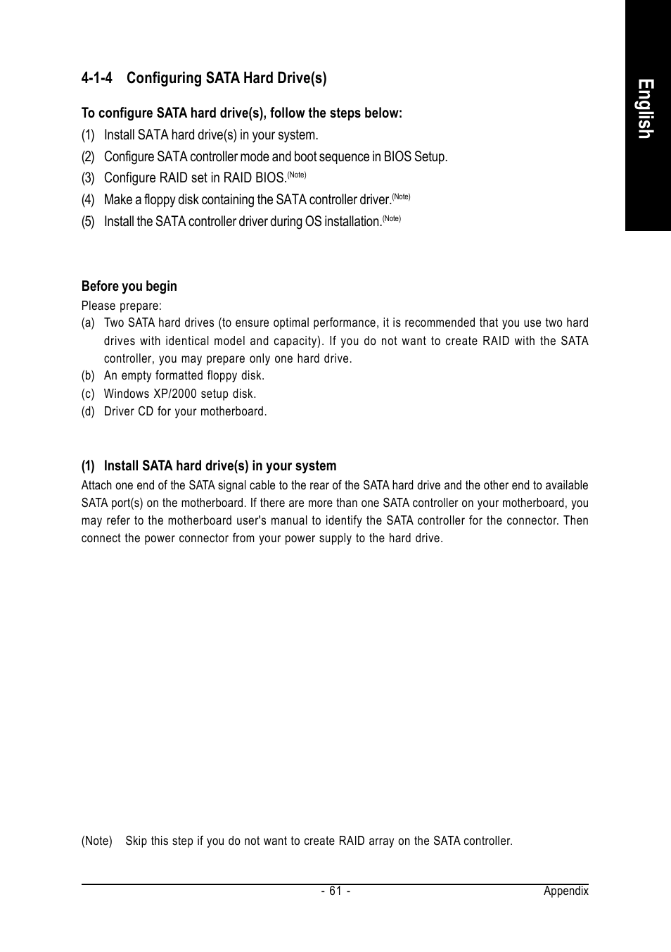 English, 1-4 configuring sata hard drive(s) | GIGABYTE GA-VM800PMC User Manual | Page 61 / 88