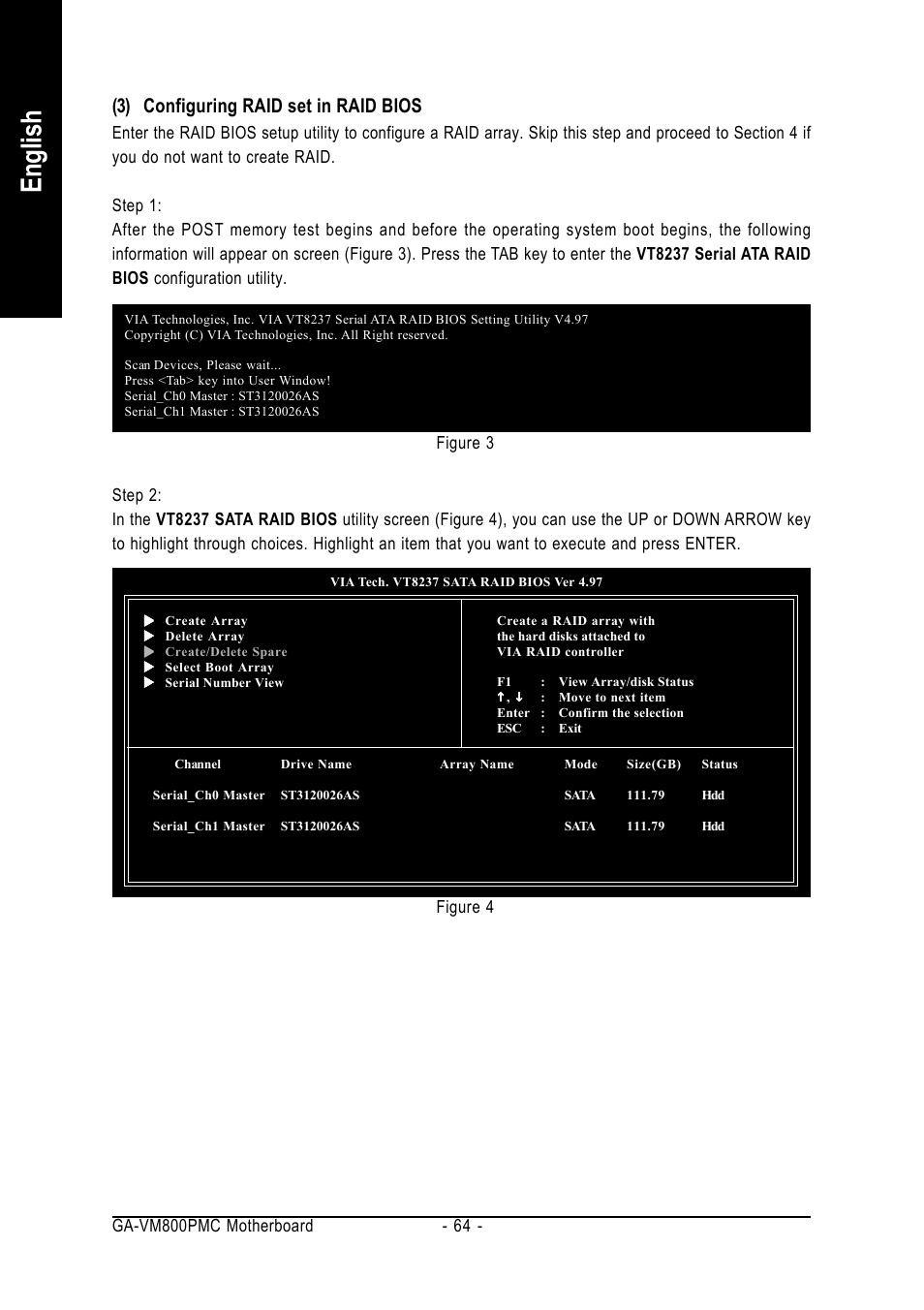 English, 3) configuring raid set in raid bios | GIGABYTE GA-VM800PMC User Manual | Page 64 / 88