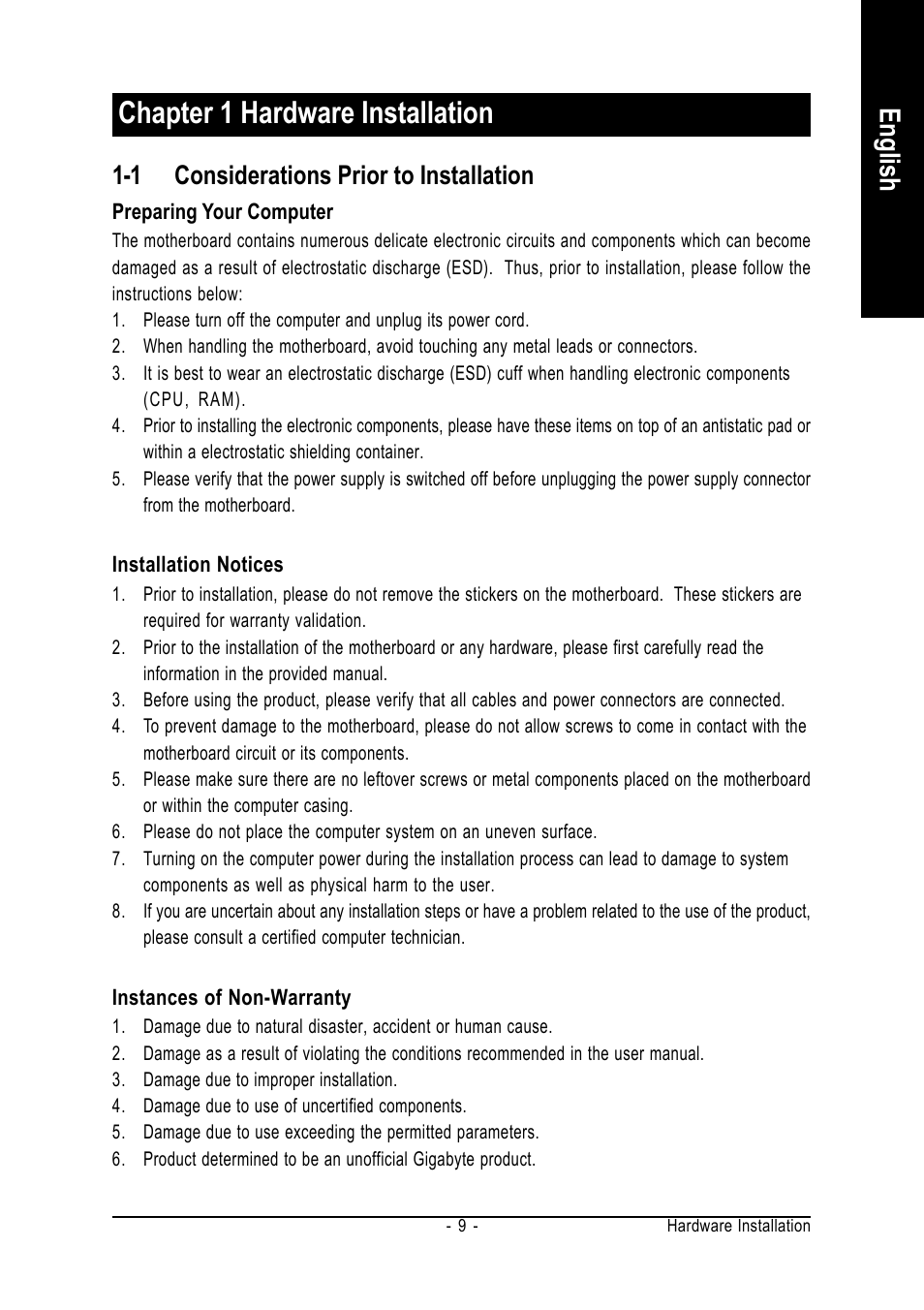 Chapter 1 hardware installation, English, 1 considerations prior to installation | GIGABYTE GA-VM800PMC User Manual | Page 9 / 88