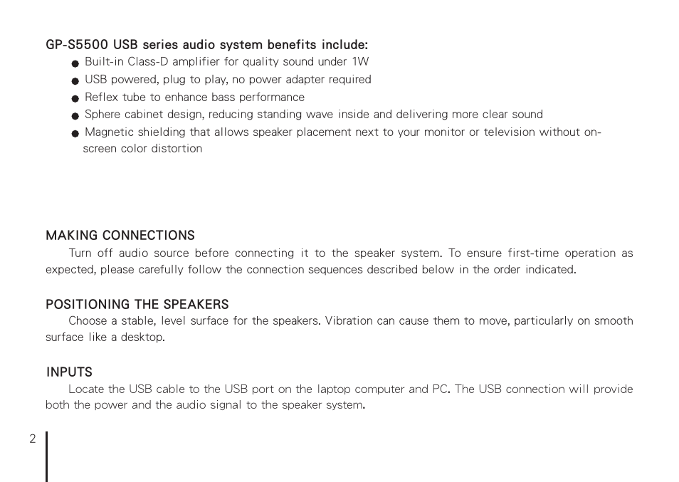GIGABYTE USB-Powered Two-Piece Audio System GP-S5500 User Manual | Page 2 / 9