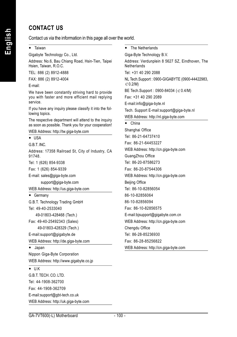 English, Contact us | GIGABYTE GA-7VT600 User Manual | Page 104 / 104