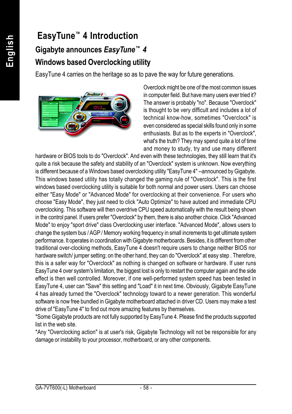 English easytune, 4 introduction, Gigabyte announces easytune | 4windows based overclocking utility | GIGABYTE GA-7VT600 User Manual | Page 62 / 104