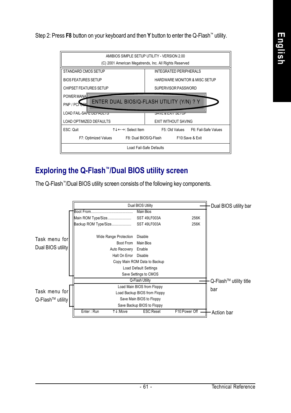 English, Exploring the q-flash, Dual bios utility screen | Utility, The q-flash | GIGABYTE GA-7VT600 User Manual | Page 65 / 104