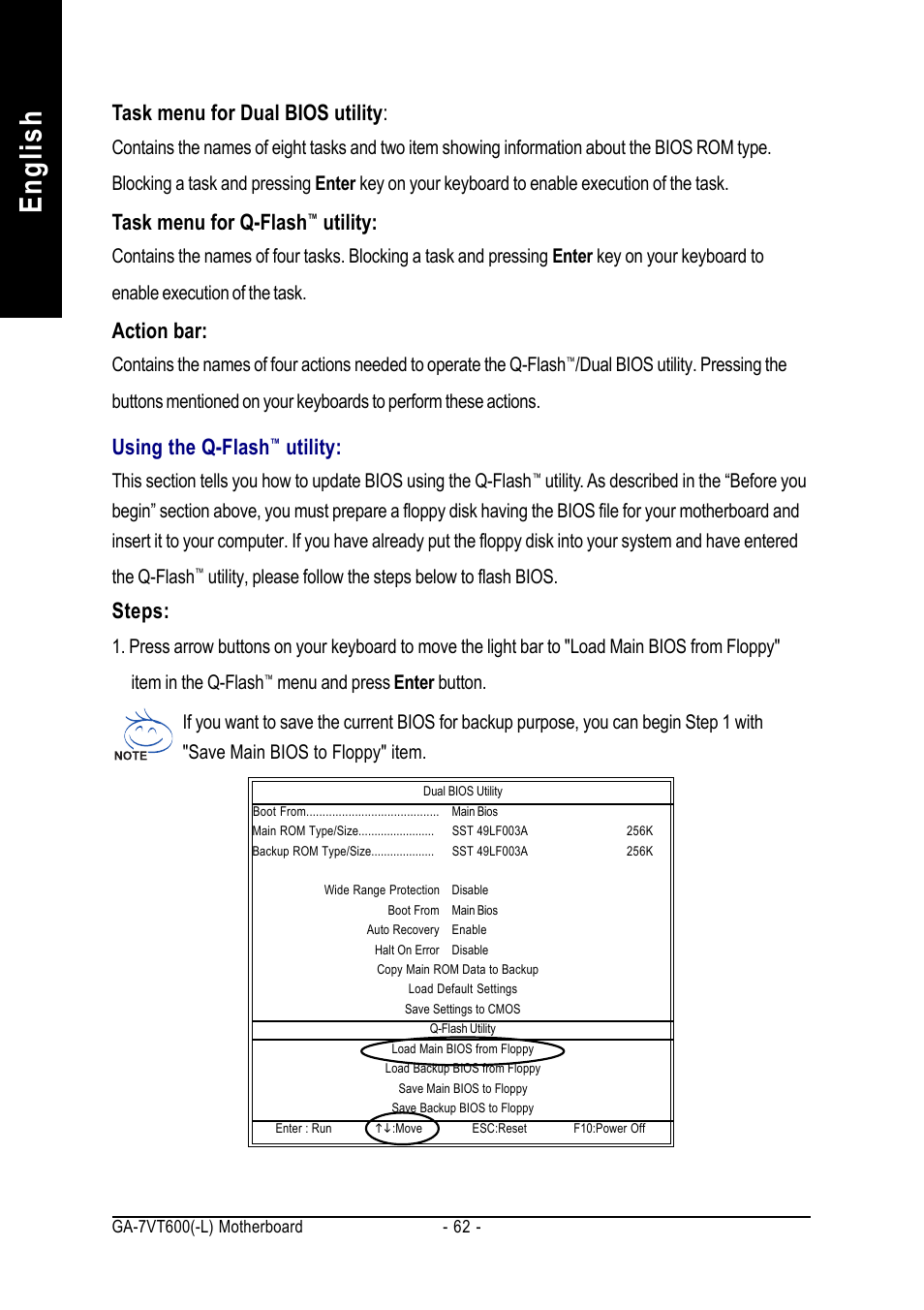 English, Task menu for dual bios utility, Task menu for q-flash | Utility, Action bar, Using the q-flash, Steps | GIGABYTE GA-7VT600 User Manual | Page 66 / 104