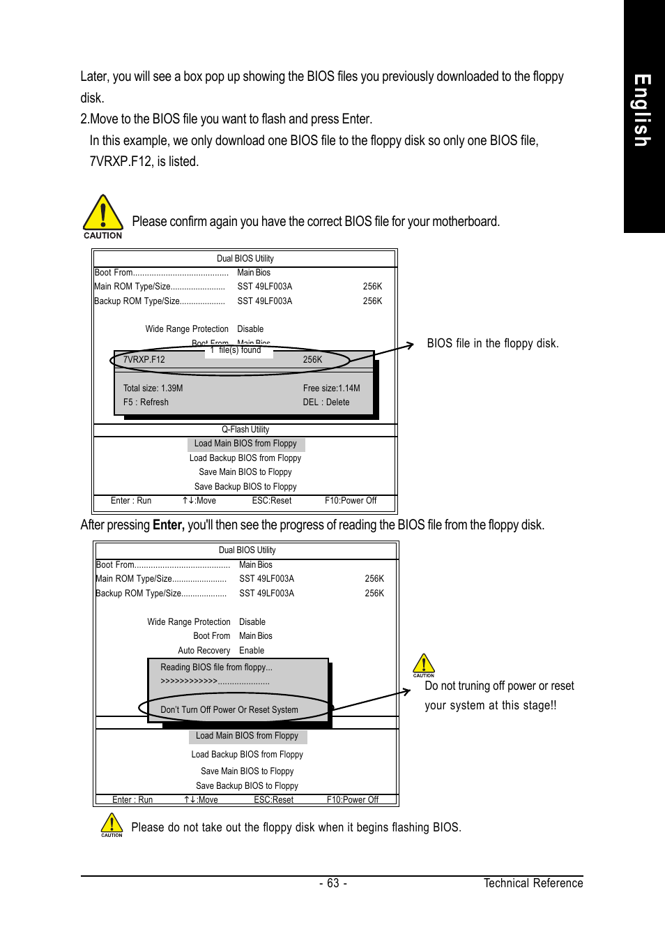 English, Technical reference - 63, Bios file in the floppy disk | GIGABYTE GA-7VT600 User Manual | Page 67 / 104