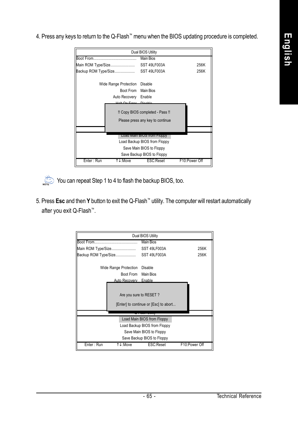 English, Press any keys to return to the q-flash, Technical reference - 65 | GIGABYTE GA-7VT600 User Manual | Page 69 / 104