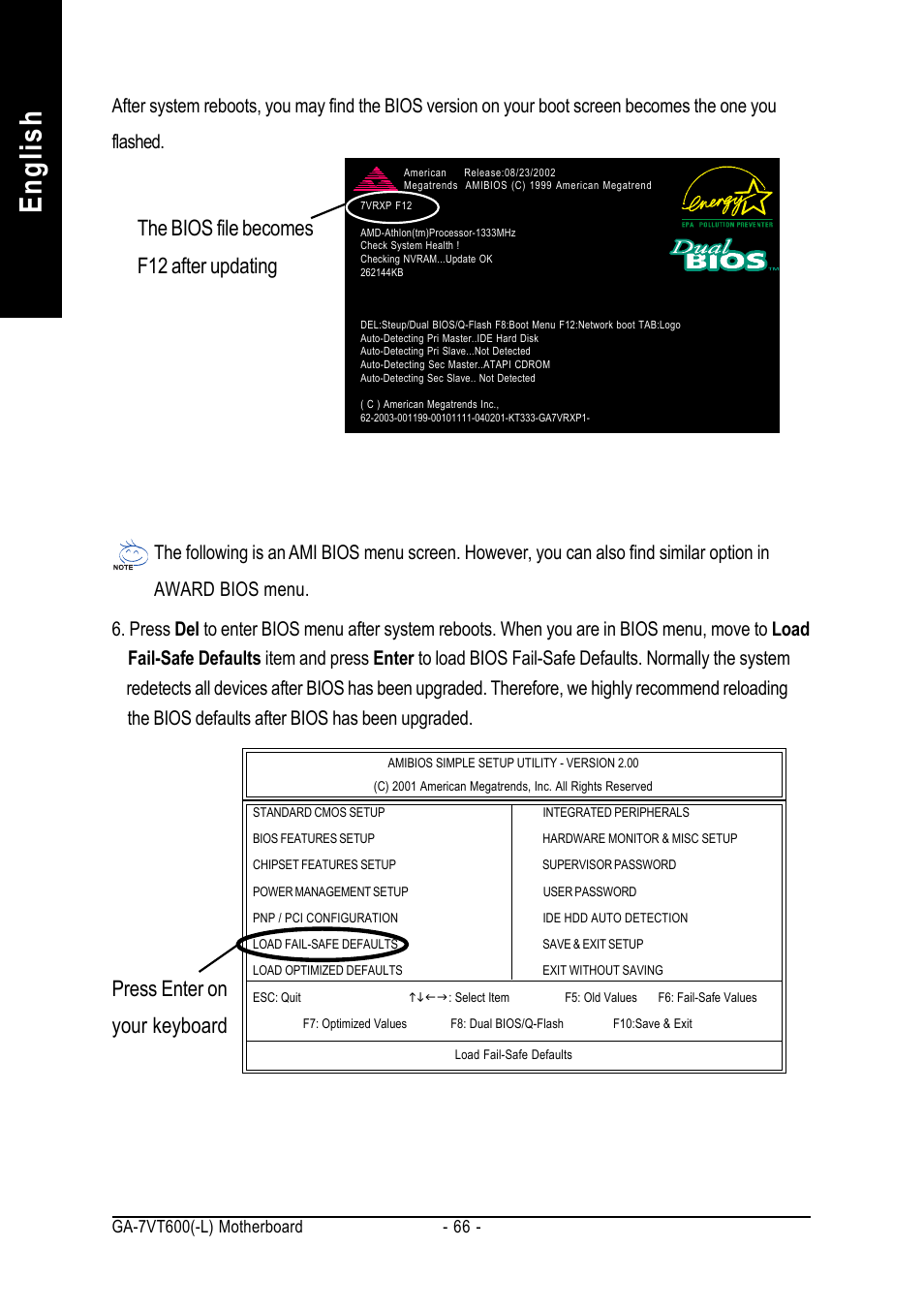 English, The bios file becomes f12 after updating, Press enter on your keyboard | GIGABYTE GA-7VT600 User Manual | Page 70 / 104