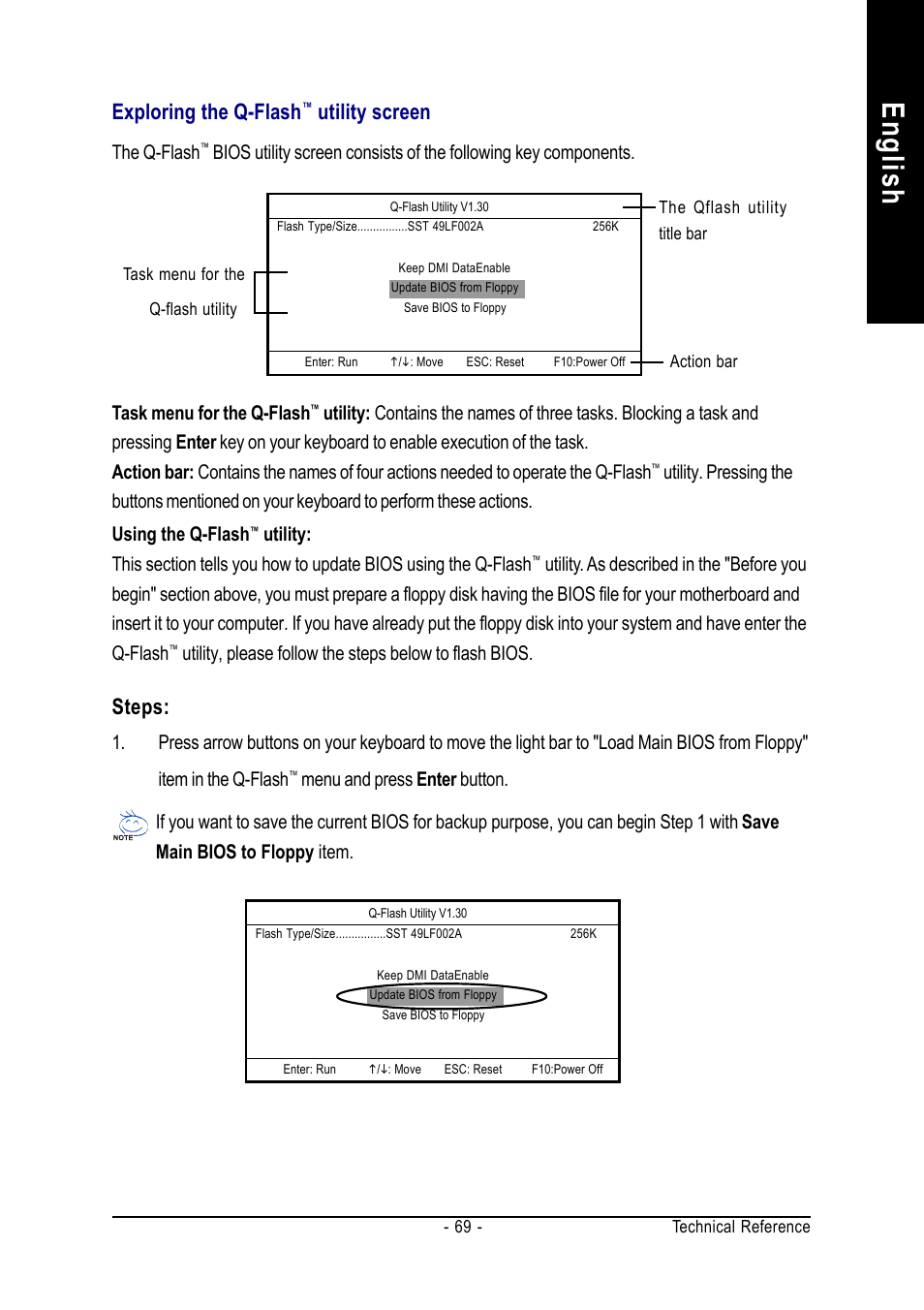 English, Exploring the q-flash, Utility screen | Steps | GIGABYTE GA-7VT600 User Manual | Page 73 / 104