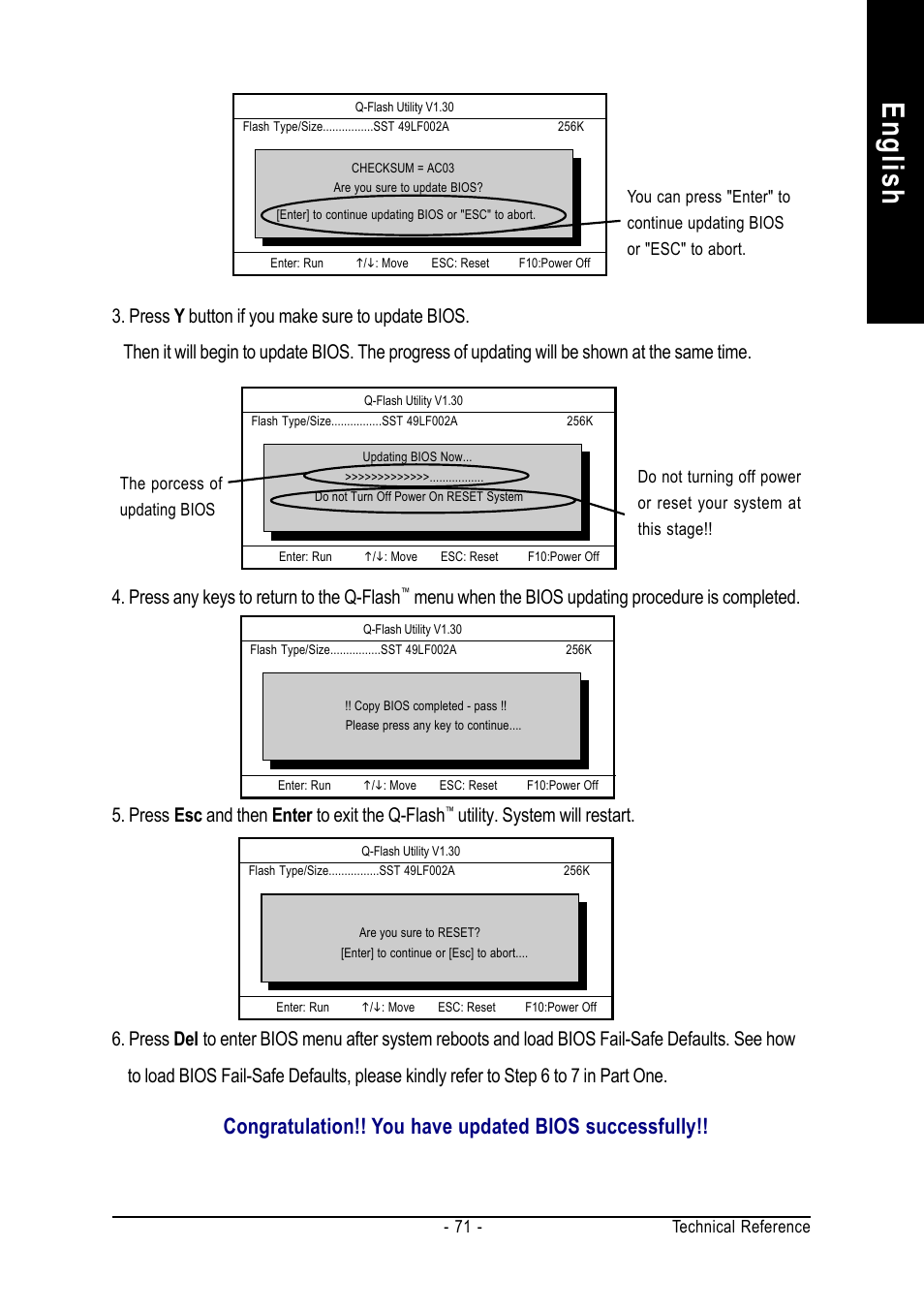 English, Press any keys to return to the q-flash, Utility. system will restart | GIGABYTE GA-7VT600 User Manual | Page 75 / 104