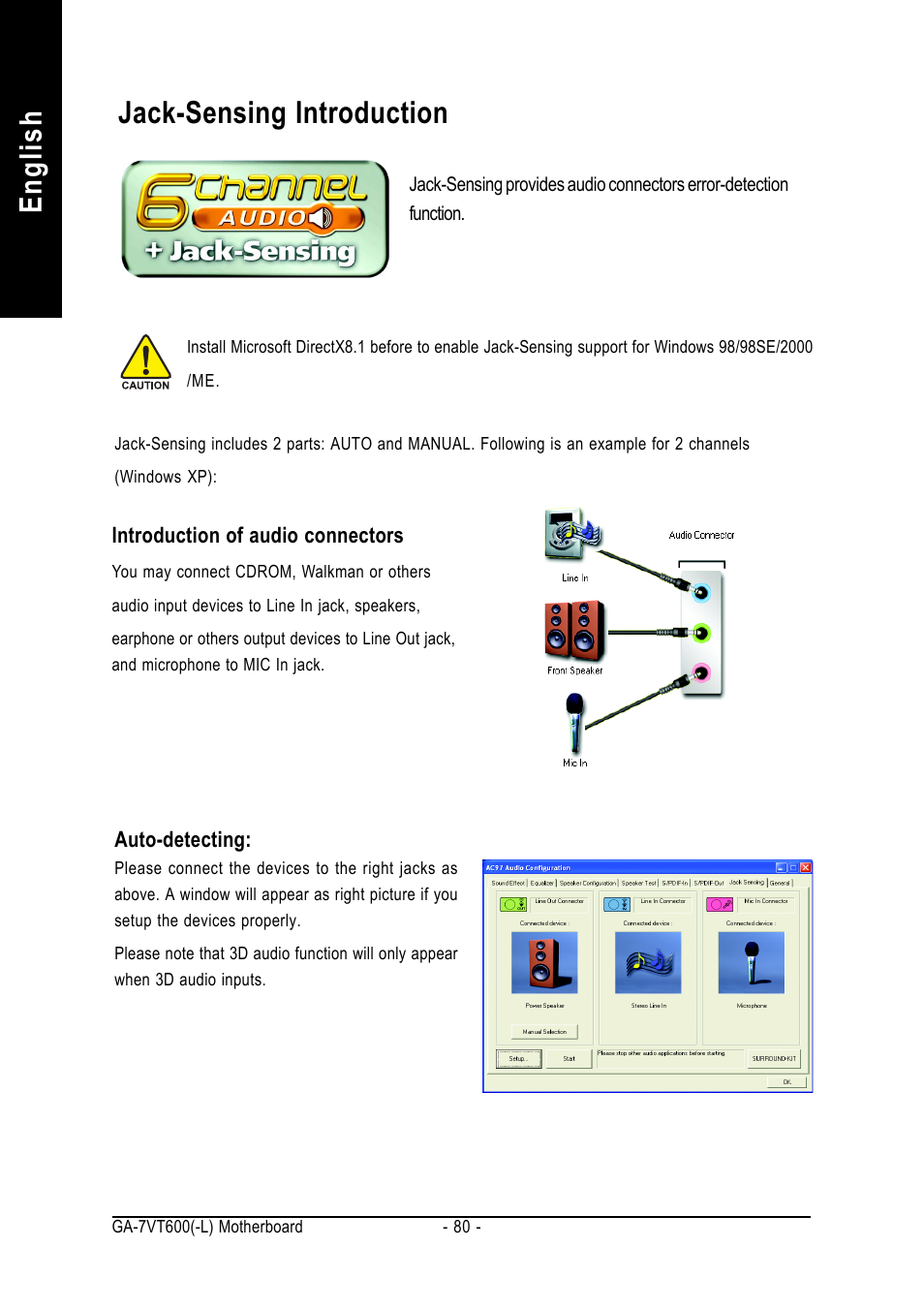 English, Jack-sensing introduction | GIGABYTE GA-7VT600 User Manual | Page 84 / 104