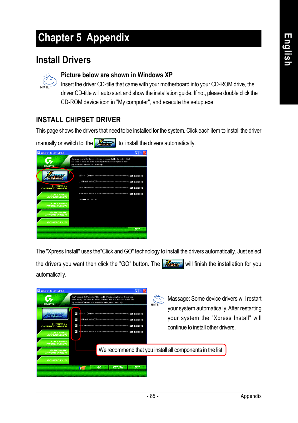 Chapter 5 appendix, English revision history, Install drivers | GIGABYTE GA-7VT600 User Manual | Page 89 / 104