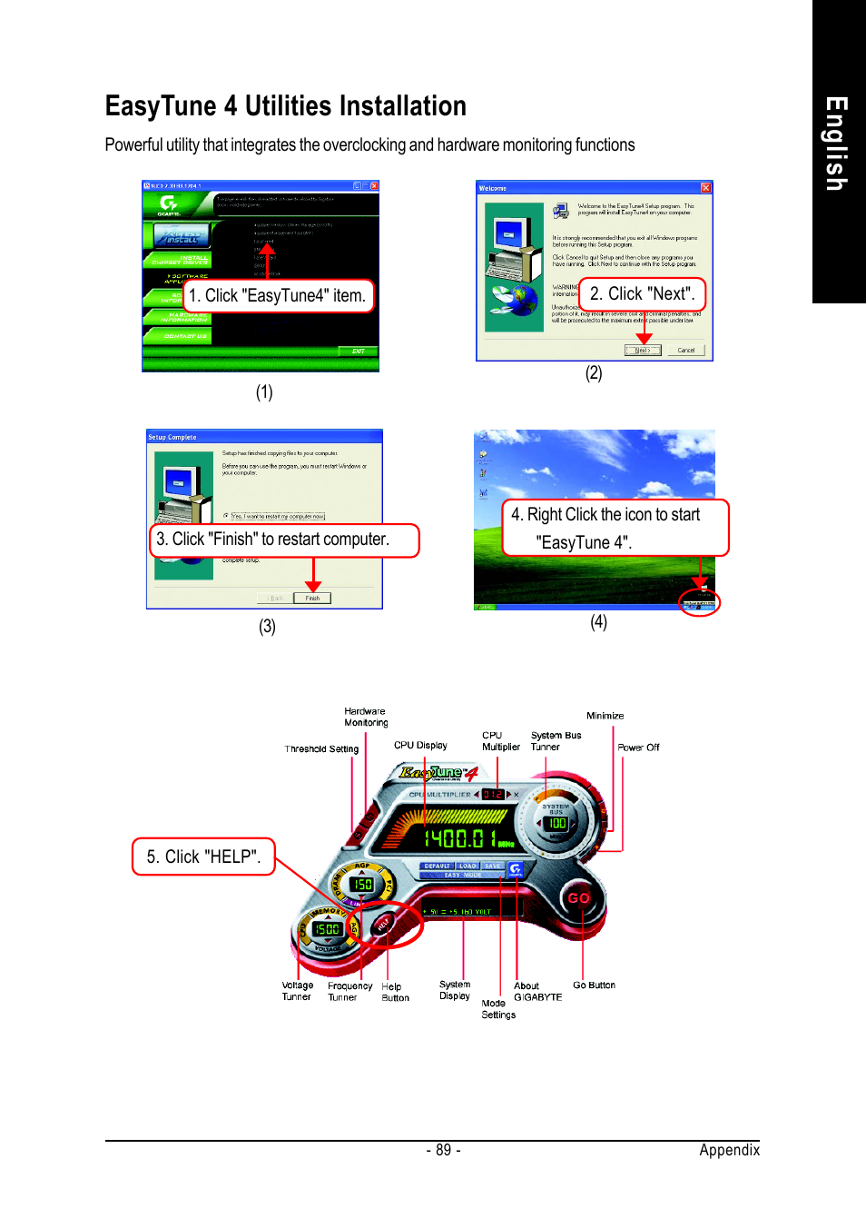 English easytune 4 utilities installation | GIGABYTE GA-7VT600 User Manual | Page 93 / 104