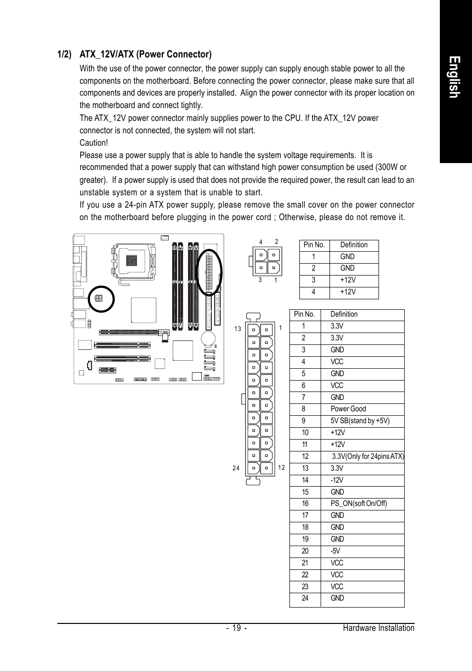 English, 1/2) atx_12v/atx (power connector) | GIGABYTE GA-8I915P-MF User Manual | Page 19 / 80