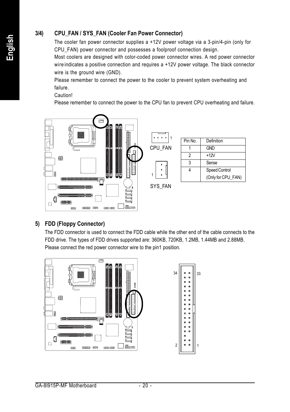 English, 5) fdd (floppy connector) | GIGABYTE GA-8I915P-MF User Manual | Page 20 / 80